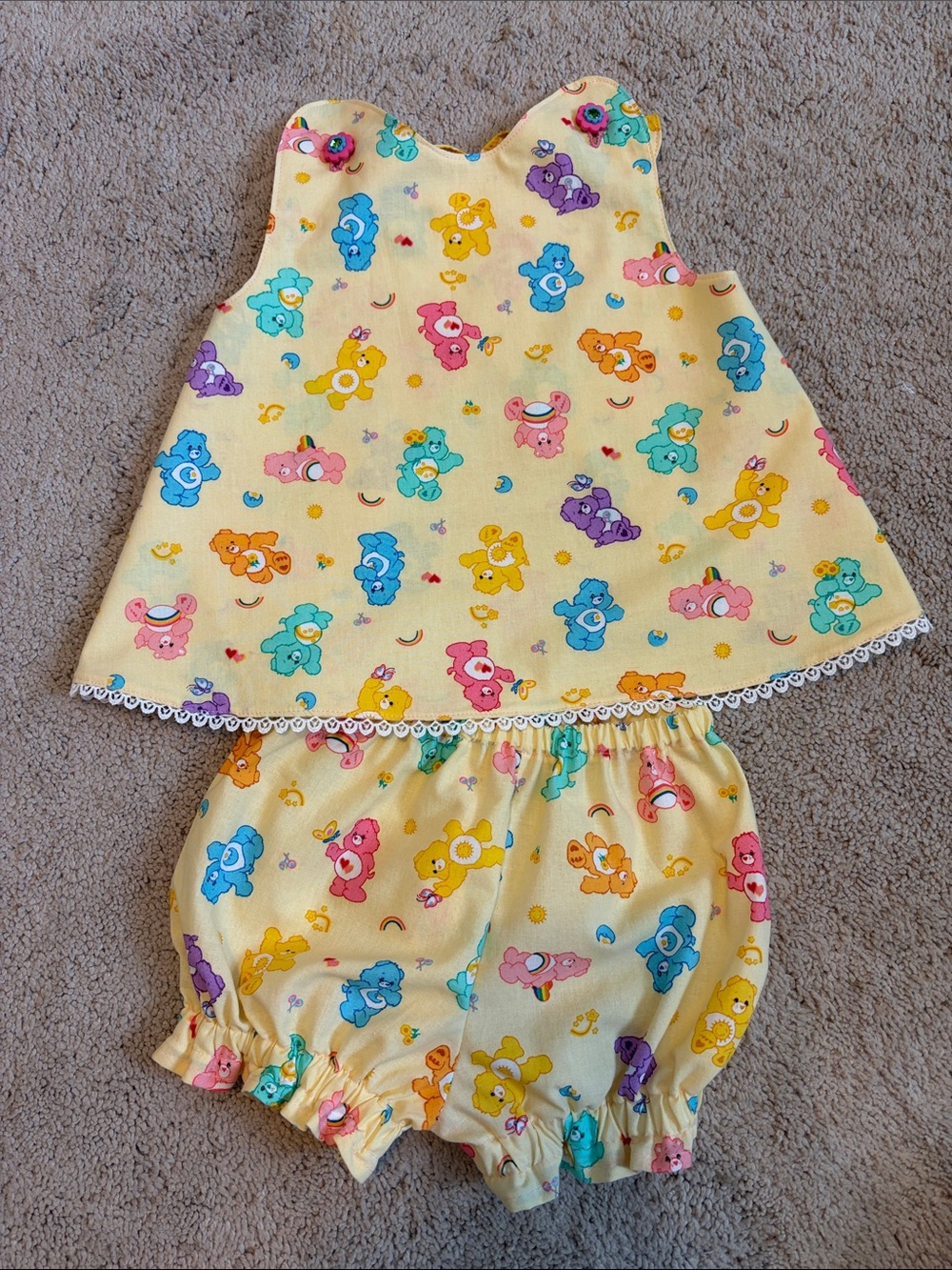 Vintage Inspired Care Bears Print Two-Piece Top and Bloomers from 1970s Pattern